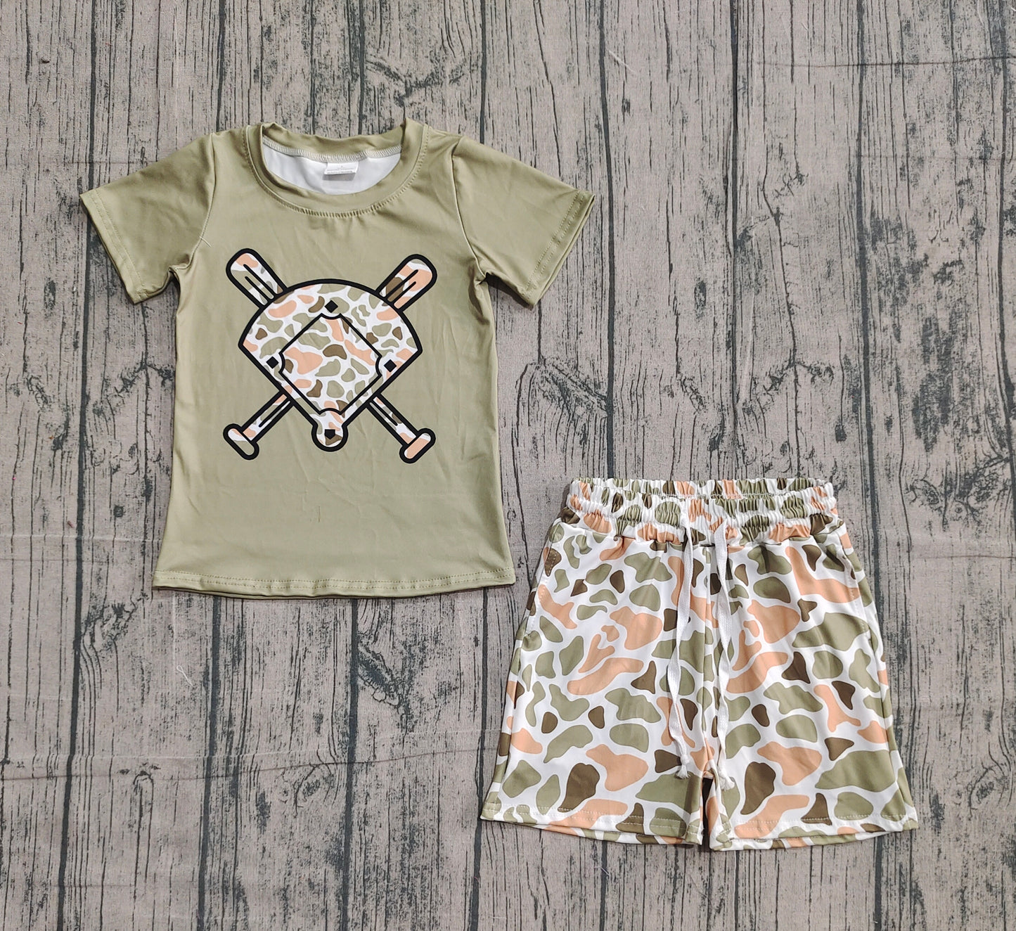 10.27 BSSO1591 Sample No Moq Baby Girls Green Orange Camo Baseball Top Shorts Team Clothes Sets
