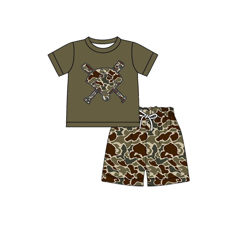 10.22 BSSO1593 Pre order No Moq Baby Girls Dark Brown Camo Baseball Top Shorts Team Clothes Sets