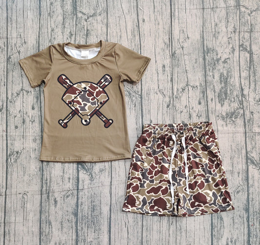 10.27 BSSO1593 Sample No Moq Baby Girls Dark Brown Camo Baseball Top Shorts Team Clothes Sets