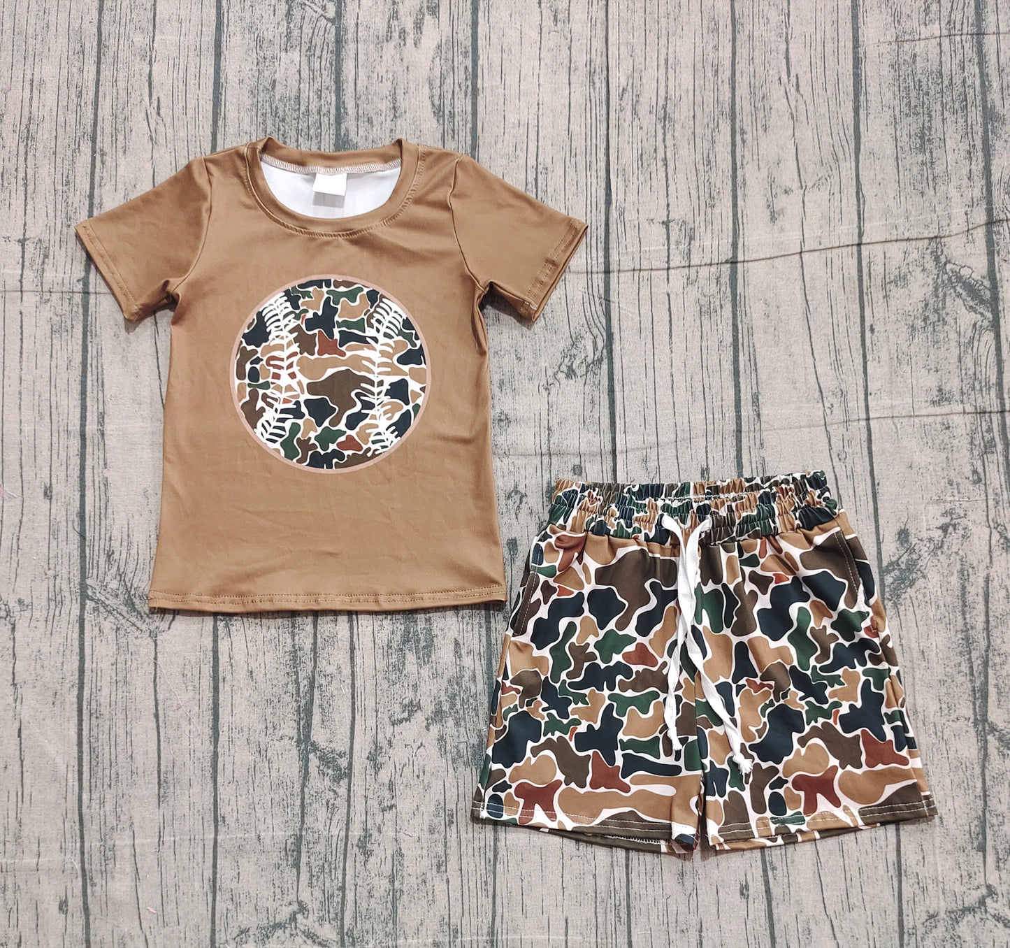 10.29 BSSO1597 Sample No Moq Baby Girls Dark Brown Camo Baseball Top Shorts Team Clothes Sets
