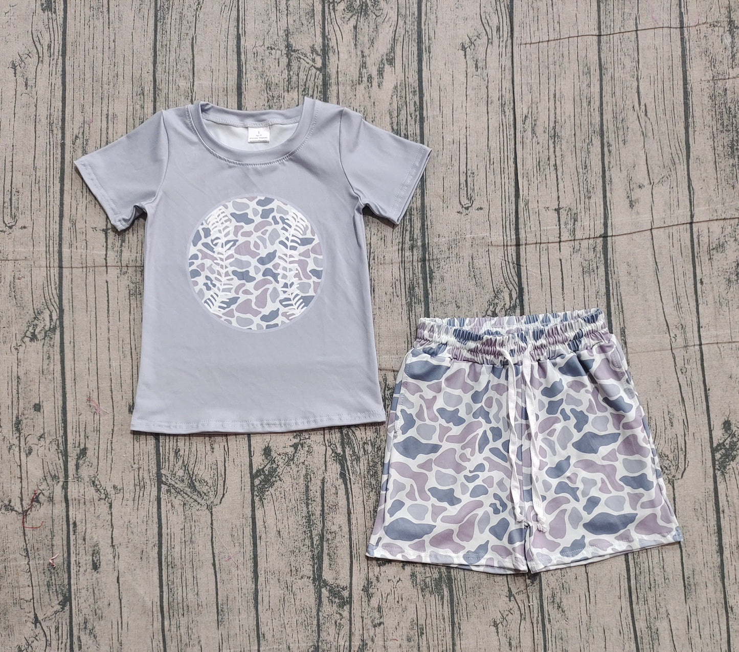 10.29 BSSO1598 Sample No Moq Baby Girls Grey Camo Baseball Top Shorts Team Clothes Sets