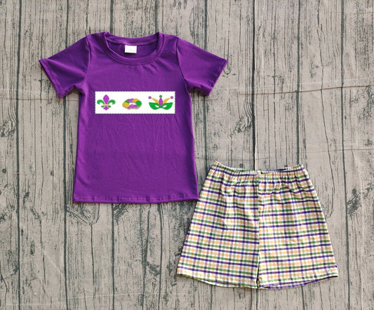 11.26 BSSO1603 Sample No Moq Embroidery Anchor Donuts Baby Boys Mardigras Top Checked Shorts Clothes Sets