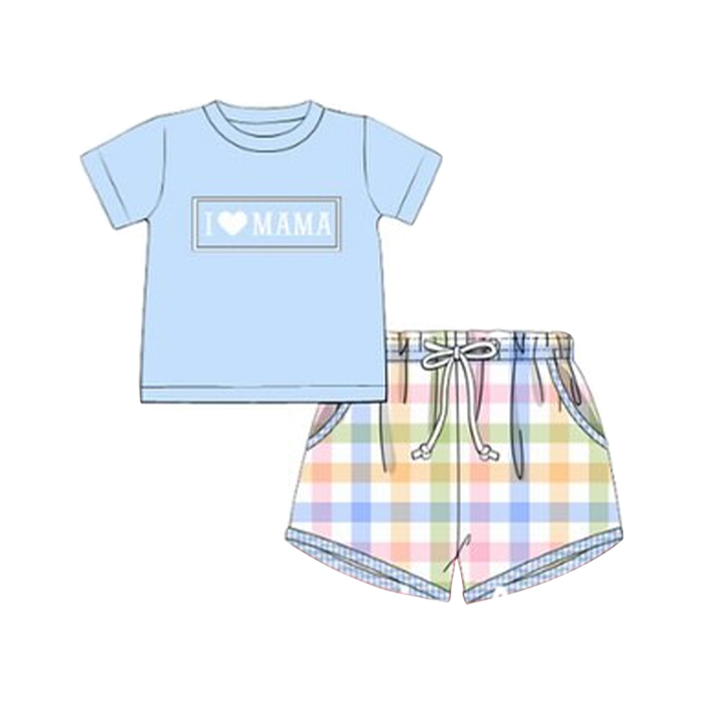 10.23 (Pre Order) No moq BSSO1605 PRE-ORDER Baby Boys I Love Mama Top Checked Pockets Shorts Clothes Sets