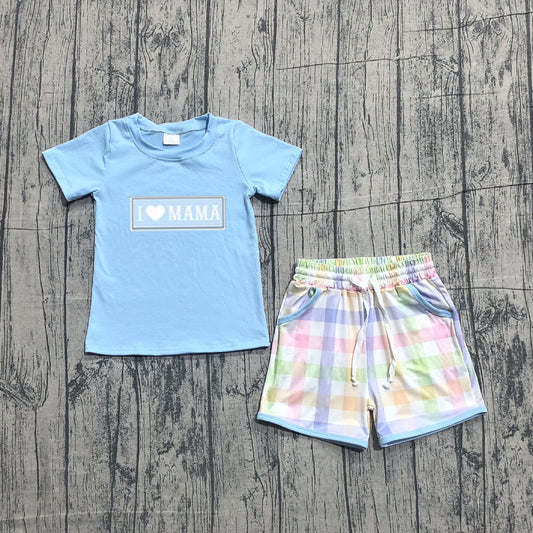 1.12 BSSO1605 Sample No Moq Embroidery I Love Mama Baby Boys Top Checked Pockets Shorts Clothes Sets