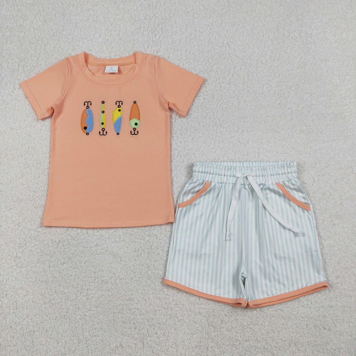 12.23 RTS NO MOQ （In stock）BSSO1606 Embroidery Fishing Baby Boys Shirts Stripe Pockets Shorts Hunting Clothes Sets
