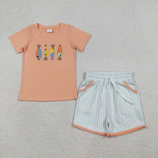 12.23 RTS NO MOQ （In stock）BSSO1606 Embroidery Fishing Baby Boys Shirts Stripe Pockets Shorts Hunting Clothes Sets