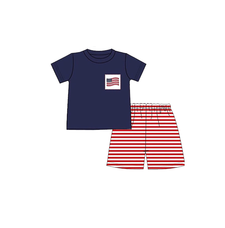 10.23 (Pre Order) No moq BSSO1609 PRE-ORDER Baby Boys Flag Pocket Top Stripe Shorts July 4th Clothes Sets