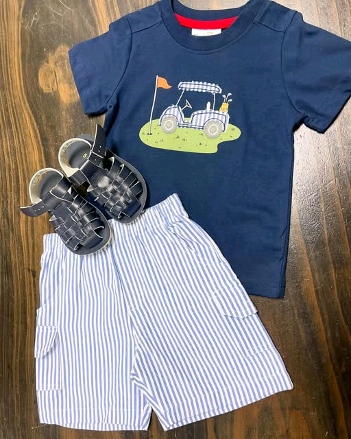 10.27 BSSO1615 Pre order No Moq Baby Boys Navy Short Sleeve Golf Top Stripe Pockets Shorts Clothes Sets