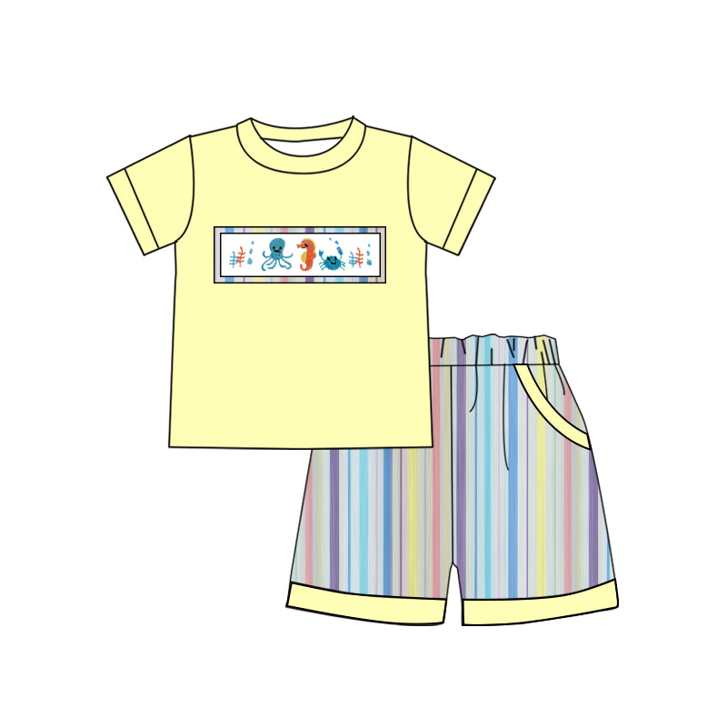 10.27 BSSO1616 Pre order No Moq Baby Boys Sea Horse Crabs Top Stripe Pockets Shorts Clothes Sets