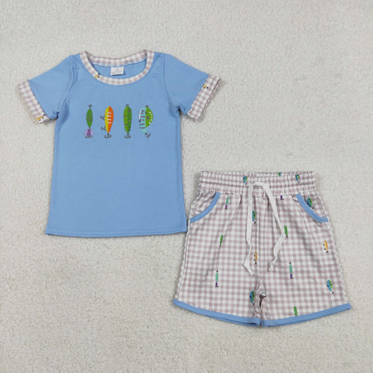 12.16 RTS NO MOQ （In stock）BSSO1617 Embroidery Fishing Baby Boys Top Checked Pockets Shorts Hunting Clothes Sets