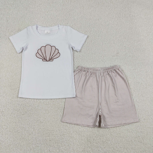 12.23 RTS NO MOQ （In stock）BSSO1618 Embroidery Shells Baby Boys Shirt Top Stripe Shorts Clothes Sets