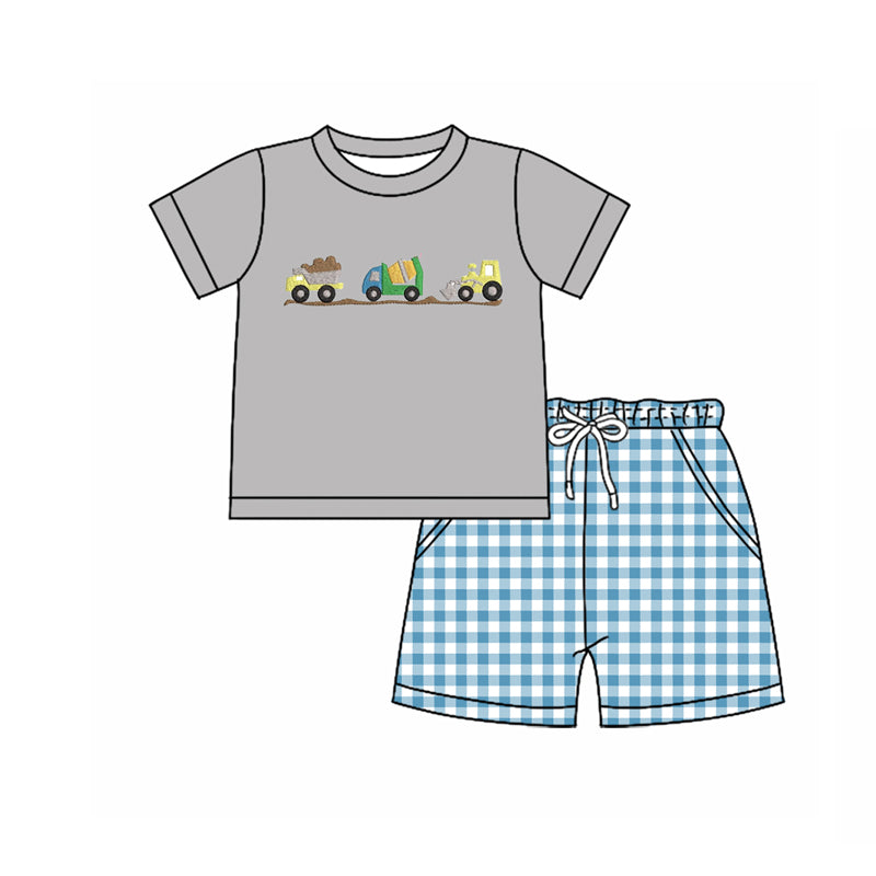 10.27 BSSO1619 Pre order No Moq Baby Boys Excavators Top Checked Pockets Shorts Clothes Sets