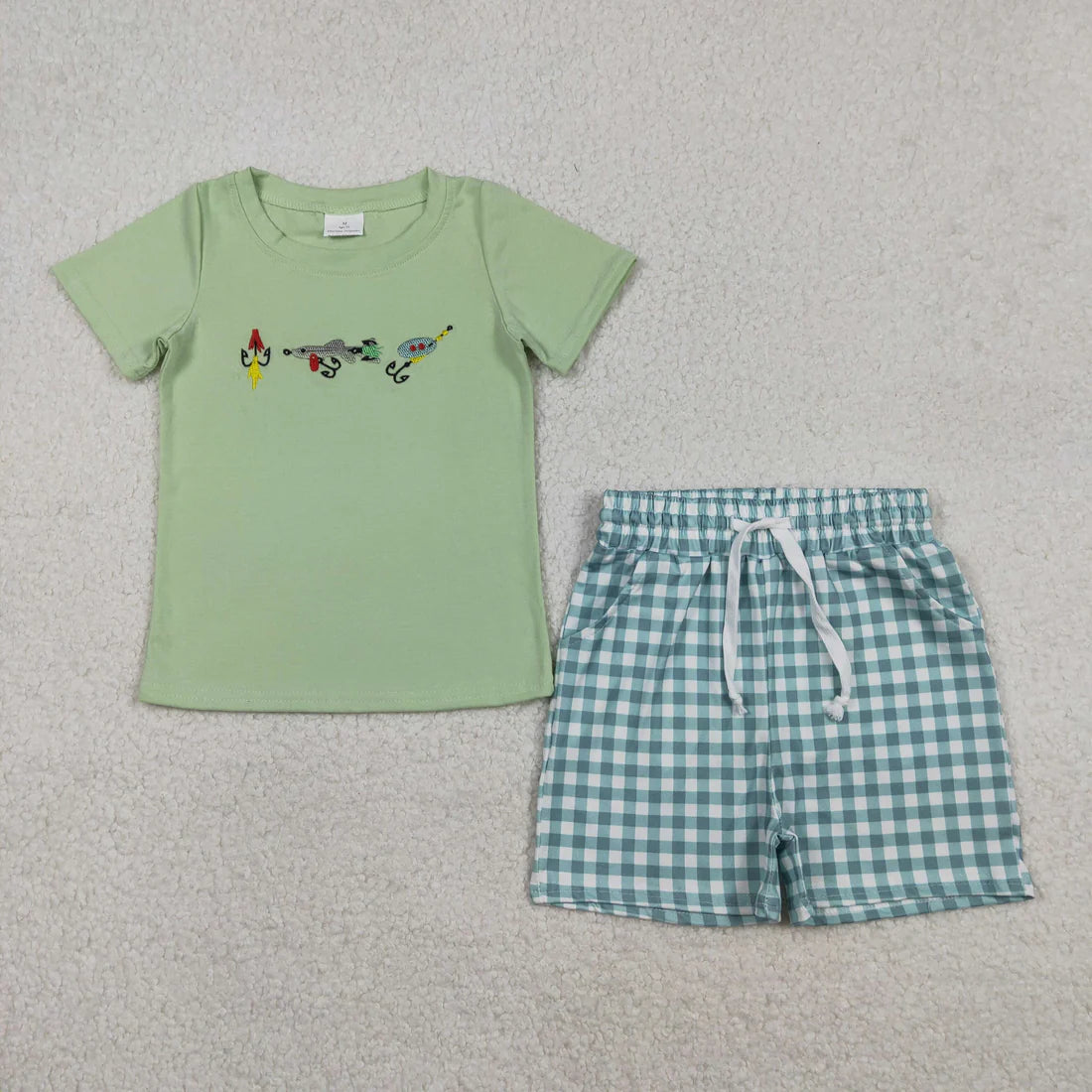 12.16 RTS Sibling Baby Boys Short Sleeve Embroidery Fishing Top Shorts Hunting Clothes Sets