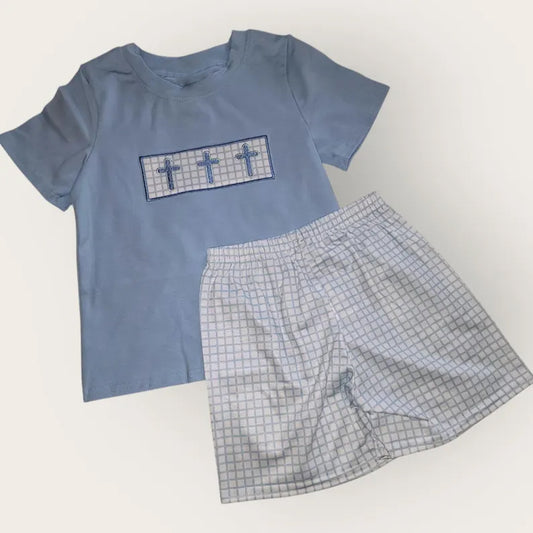 10.27 BSSO1624 Pre order No Moq Baby Boys Blue Crosses Top Checked Shorts Easter Clothes Sets