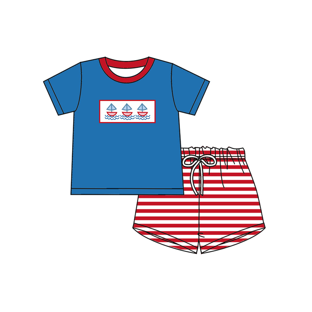 10.27 BSSO1627 Pre order No Moq Baby Boys Boats Top Stripe Shorts Clothes Sets