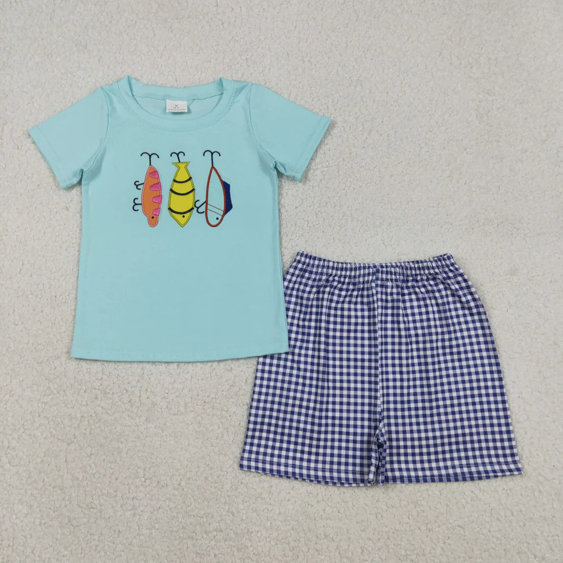 12.16 RTS Sibling Baby Boys Short Sleeve Embroidery Fishing Top Shorts Hunting Clothes Sets