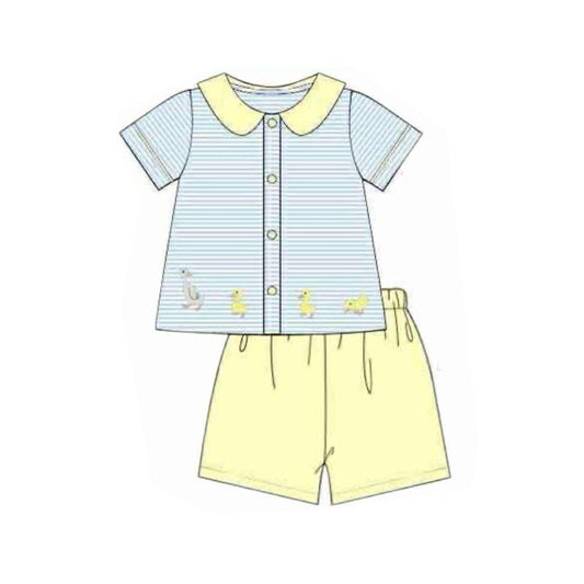 10.28 BSSO1629 Pre order No Moq Baby Boys Gooses Ducks Stripe Button Top Shorts Clothes Sets