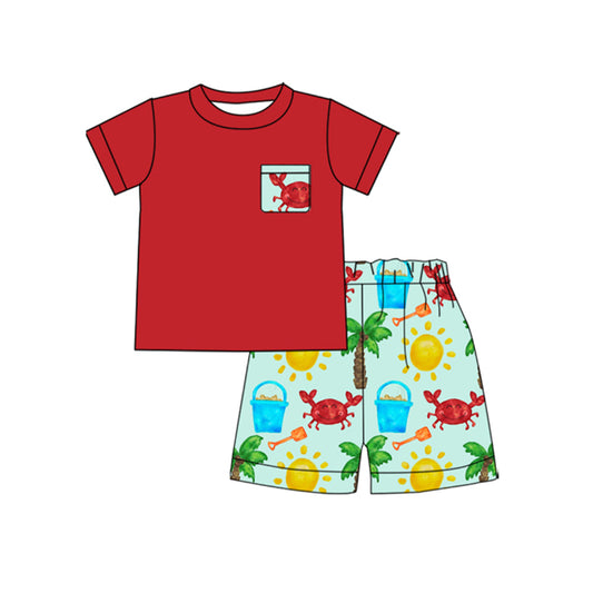 10.30 BSSO1631 Pre order No Moq Baby Boys Red Pocket Top Crabs Beach Shorts Clothes Sets