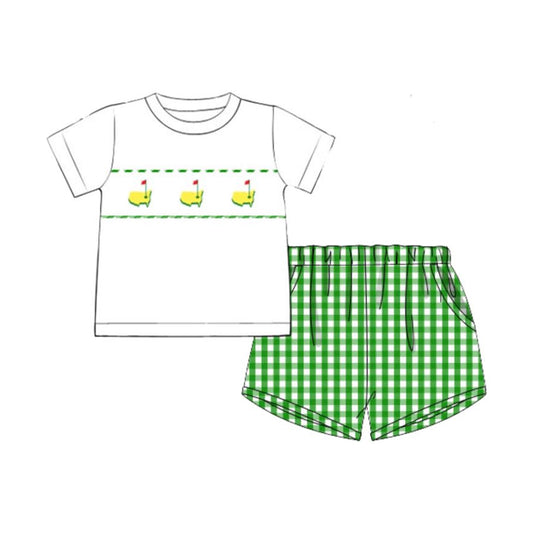 10.31 BSSO1633 Pre order No Moq Baby Boys Golf Flags Top Green Checked Pockets Shorts Clothes Sets