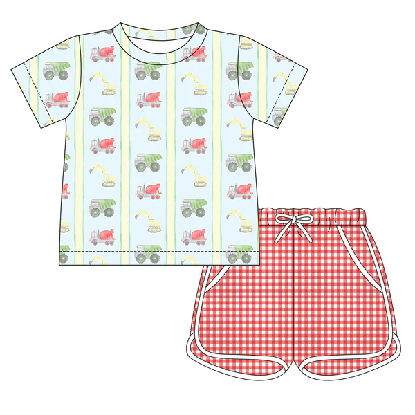 10.31 BSSO1634 Pre order No Moq Baby Boys Excavators Stripe Top Red Checked Pockets Shorts Clothes Sets