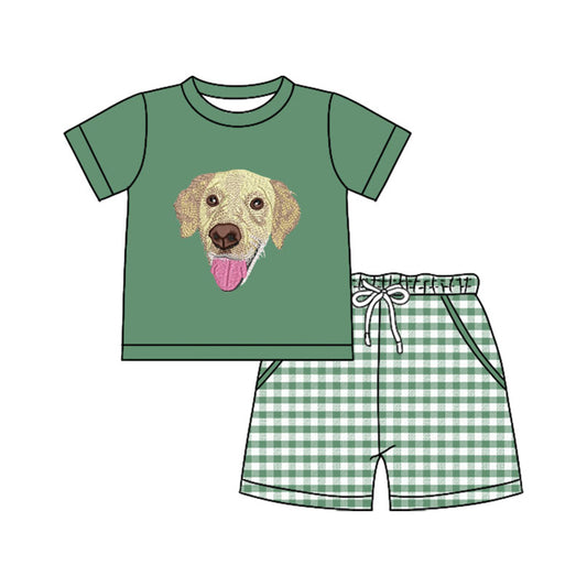 10.31 BSSO1635 Pre order No Moq Baby Boys Green Dogs Top Checked Pockets Shorts Hunting Clothes Sets