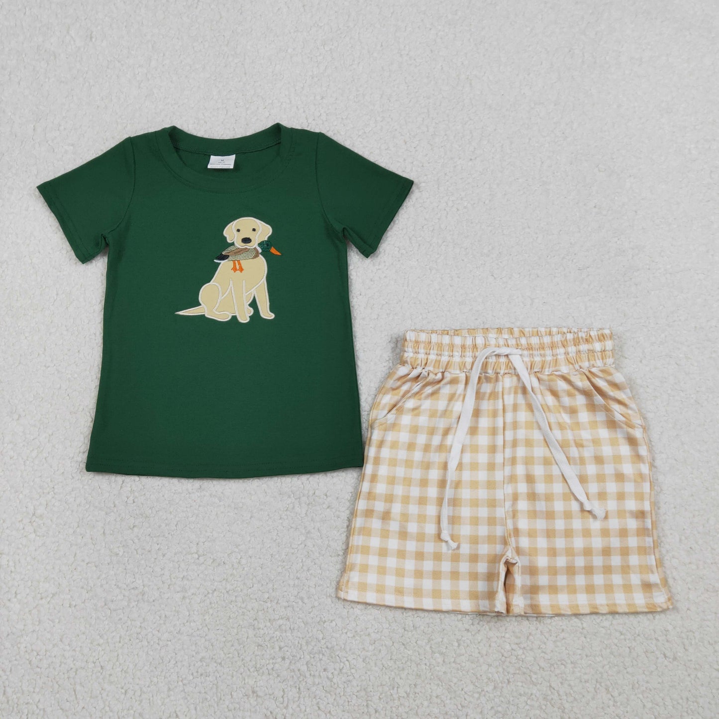 1.22 RTS NO MOQ （In stock）BSSO1636 Embroidery Duck Dogs Baby Boys Top Checked Pockets Shorts Hunting Clothes Sets