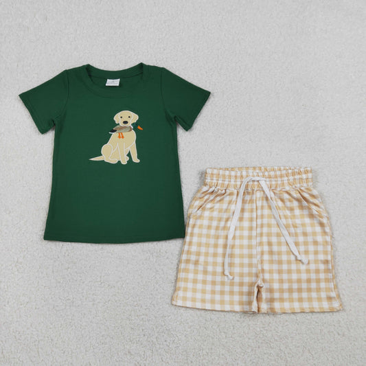 1.22 RTS NO MOQ （In stock）BSSO1636 Embroidery Duck Dogs Baby Boys Top Checked Pockets Shorts Hunting Clothes Sets
