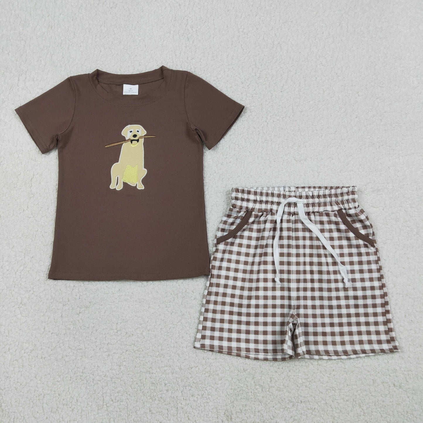 1.16 RTS NO MOQ （In stock）BSSO1637 Embroidery Dogs Baby Boys Brown Top Checked Pockets Shorts Hunting Clothes Sets