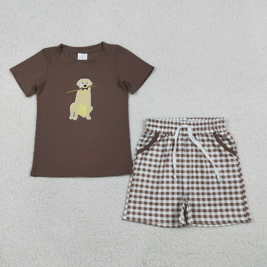 1.16 RTS NO MOQ （In stock）BSSO1637 Embroidery Dogs Baby Boys Brown Top Checked Pockets Shorts Hunting Clothes Sets