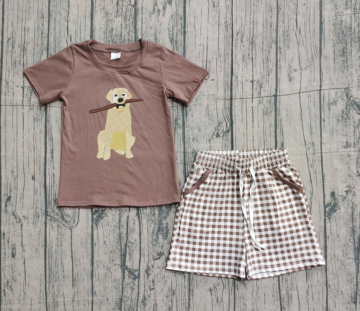 12.22 BSSO1637 Sample No Moq Embroidery Dogs Baby Boys Brown Top Checked Pockets Shorts Hunting Clothes Sets