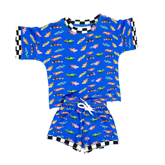 10.31 BSSO1640 Pre order No Moq Baby Boys Hot Blue Motor Cars Plaid Top Shorts Clothes Sets