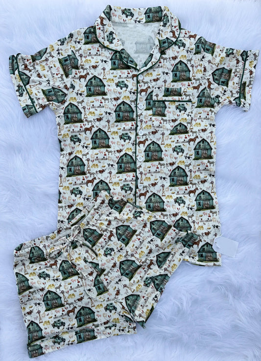 11.4 BSSO1643 Pre order No Moq Baby Boys Horse Houses Button Pocket Top Shorts Farm Pajamas Sets