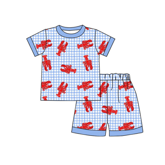 11.5 BSSO1644 Pre order No Moq Baby Boys Blue Checked Crayfishes Top Shorts Pajamas Sets
