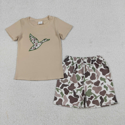 12.25 RTS NO MOQ （In stock）BSSO1646 Embroidery Camo Ducks Baby Boys Top Shorts Hunting Clothes Sets