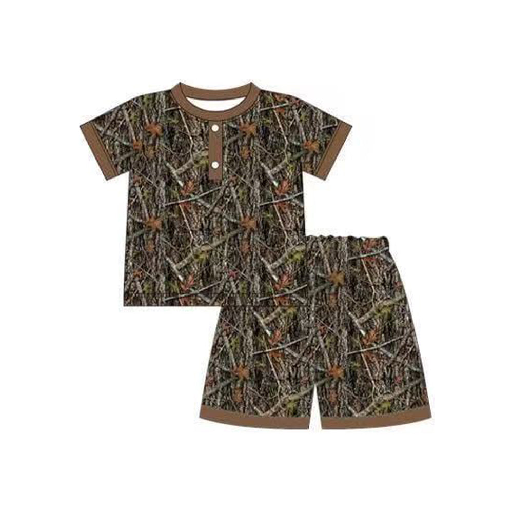 11.6 BSSO1651 Pre order No Moq Baby Boys Short Sleeve Brown Leaves Button Top Short Hunting Pajamas Sets