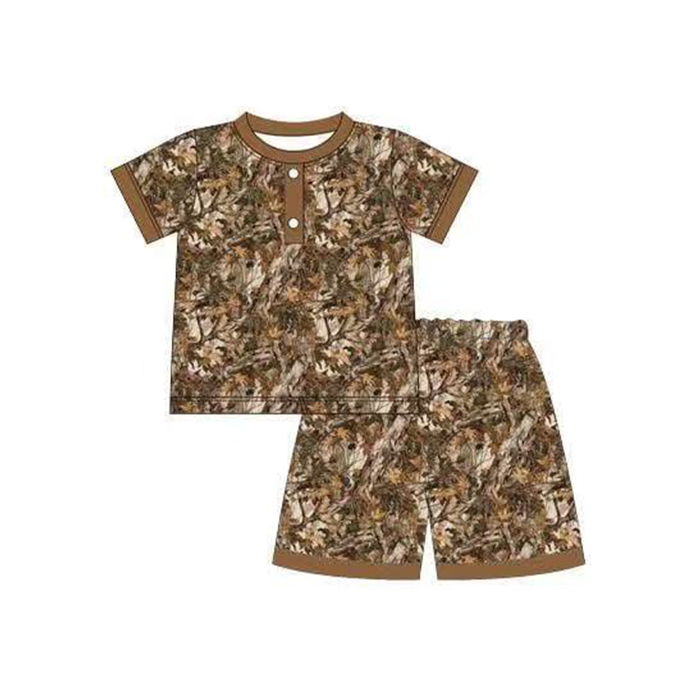 11.6 BSSO1652 Pre order No Moq Baby Boys Short Sleeve Brown Leaves Button Top Short Hunting Pajamas Sets