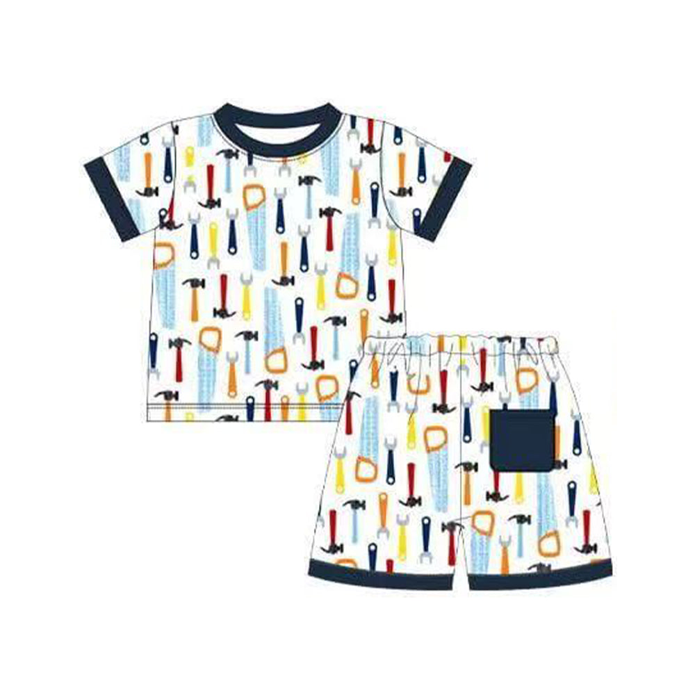 11.6 BSSO1653 Pre order No Moq Baby Boys Short Sleeve Tools Plaid Button Top Short Pajamas Sets