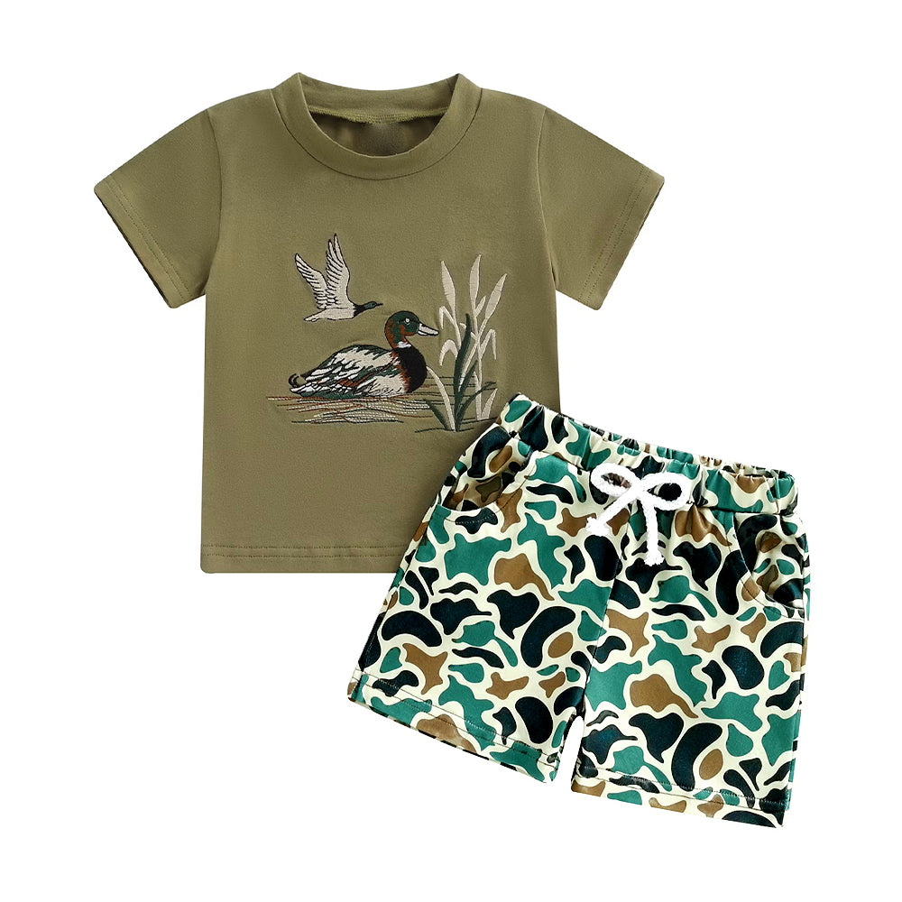 11.7 BSSO1659 Pre order No Moq Baby Boys Green Ducks Top Camo Pockets Short Hunting Clothes Sets