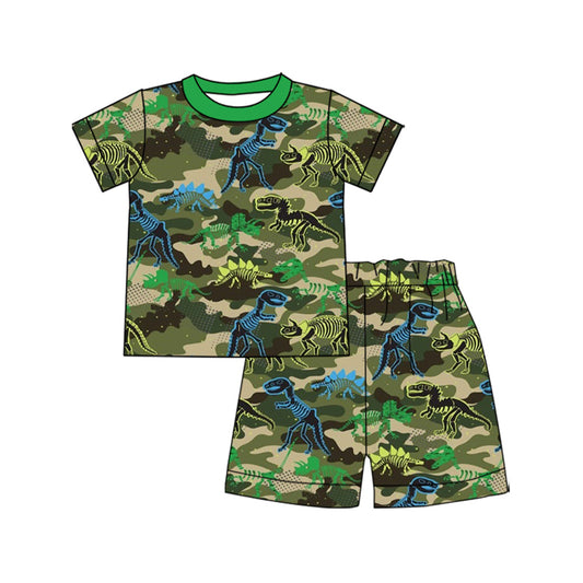 11.11 BSSO1663 Pre order No Moq Baby Boys Green Camo Dinosaurs Top Shorts Western Clothes Sets