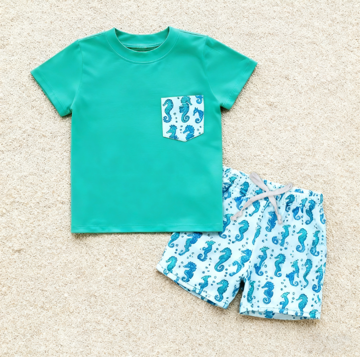11.13 BSSO1665 Pre order No Moq Baby Boys Green Pocket Top Sea Horses Shorts Clothes Sets