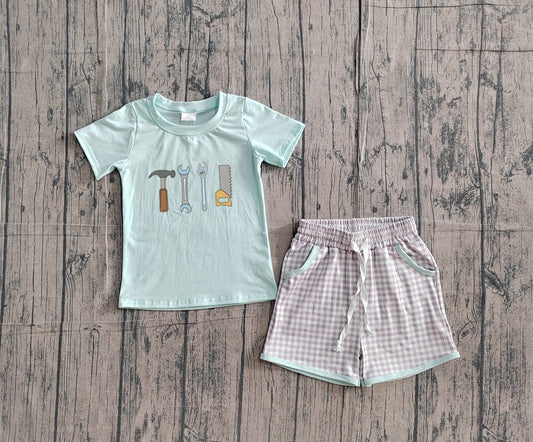 2.4 BSSO1666 Sample No Moq Embroidery Tools Baby Boys Top Checked Pockets Shorts Clothes Sets