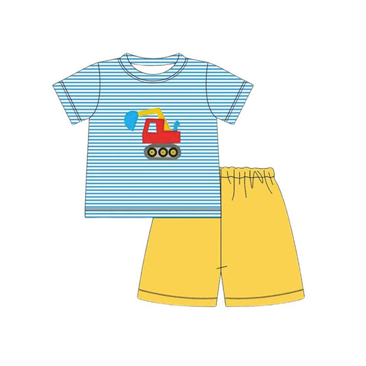 11.13 BSSO1667 Pre order No Moq Baby Boys Excavators Stripe Top Shorts Clothes Sets