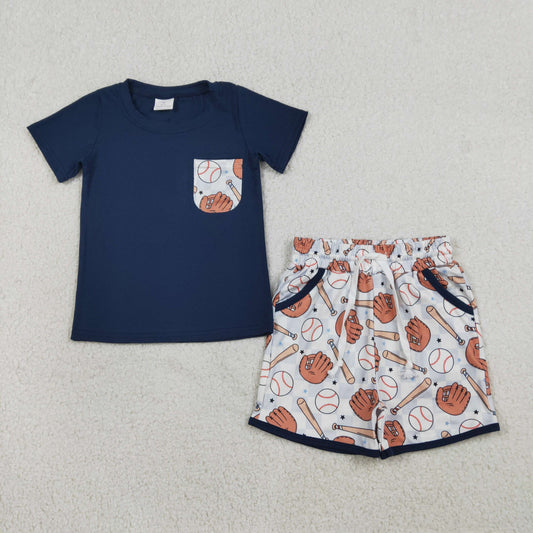 1.16 RTS NO MOQ （In stock）BSSO1669 Baby Boys Navy Shirts Top Baseballs Pockets Shorts Team Clothes Sets