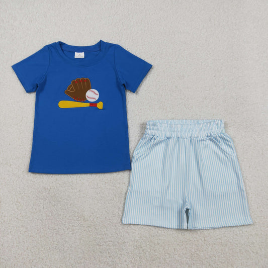 1.27 RTS NO MOQ （In stock）BSSO1670 Embroidery Baseballs Baby Boys Blue Top Pockets Stripe Shorts Team Clothes Sets