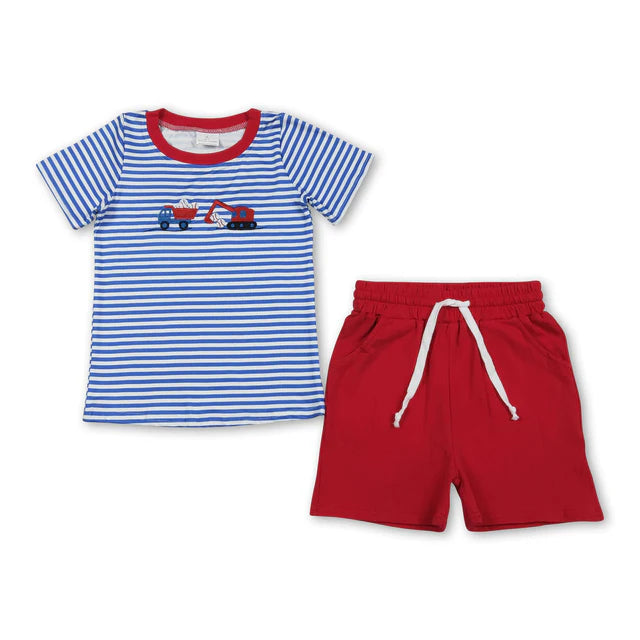 RTS Sibling Blue stripe baseball constructions top short boys outfits