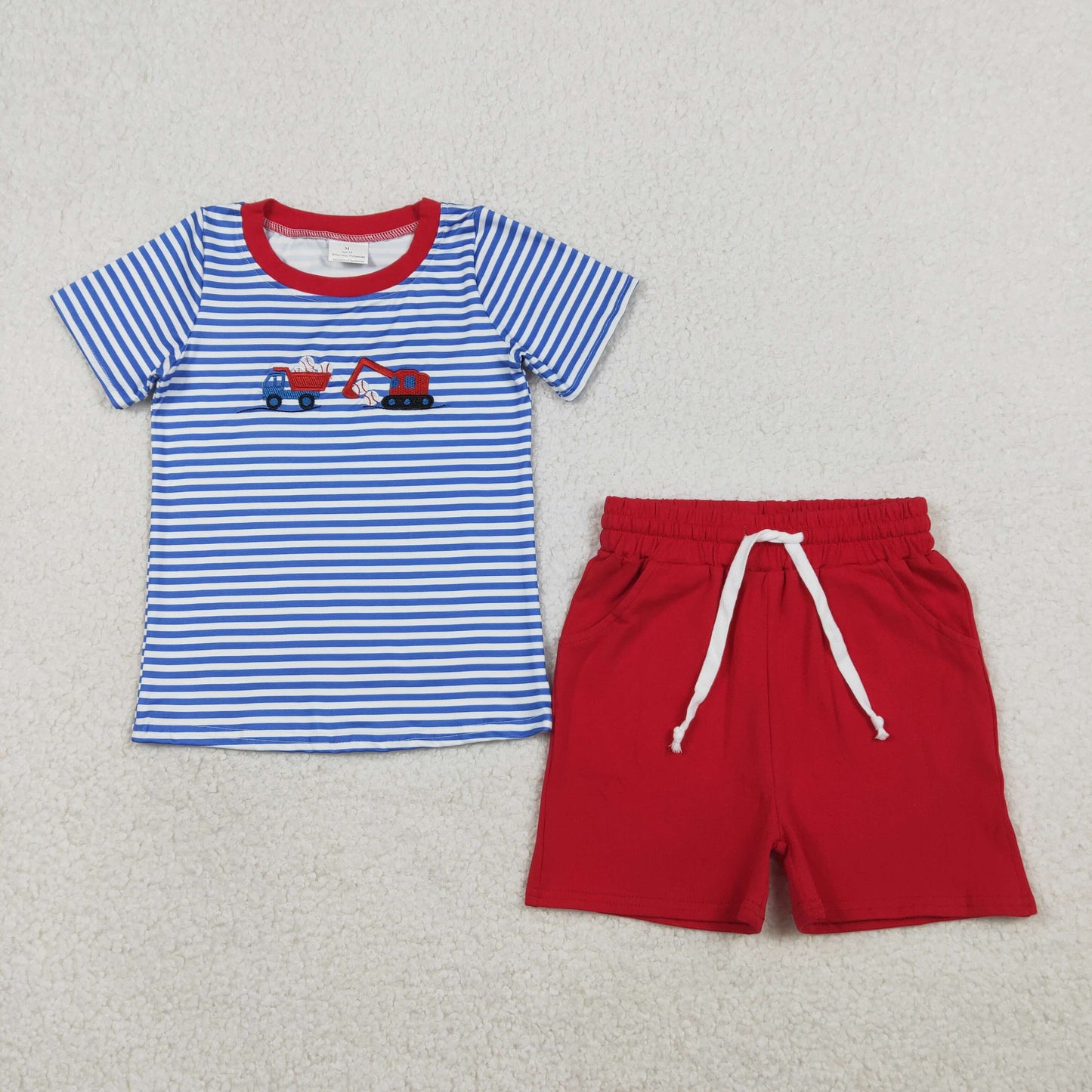 1.20 RTS NO MOQ （In stock）BSSO1671 Embroidery Baseballs Trucks Baby Boys Stripe Top Pockets Shorts Team Clothes Sets