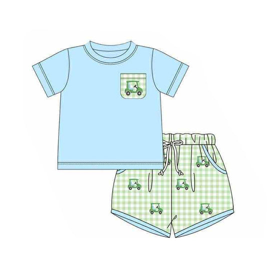 11.14 BSSO1672 Pre order No Moq Baby Boys Golf Trucks Pockets Top Checked Shorts Clothes Sets