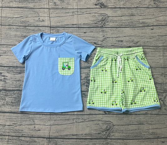 12.24 BSSO1672 Sample No Moq Embroidery Golf Trucks Baby Boys Pockets Top Checked Shorts Clothes Sets