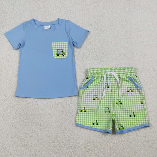 1.19 RTS NO MOQ （In stock）BSSO1672 Embroidery Golf Trucks Baby Boys Pockets Top Checked Shorts Clothes Sets