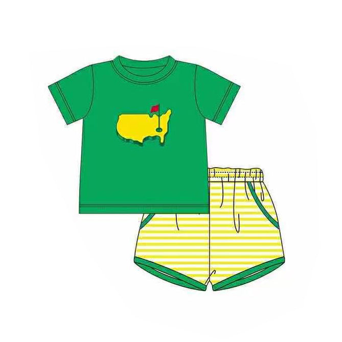 11.14 BSSO1673 Pre order No Moq Baby Boys Green Golf Flags Top Pockets Stripe Shorts Clothes Sets